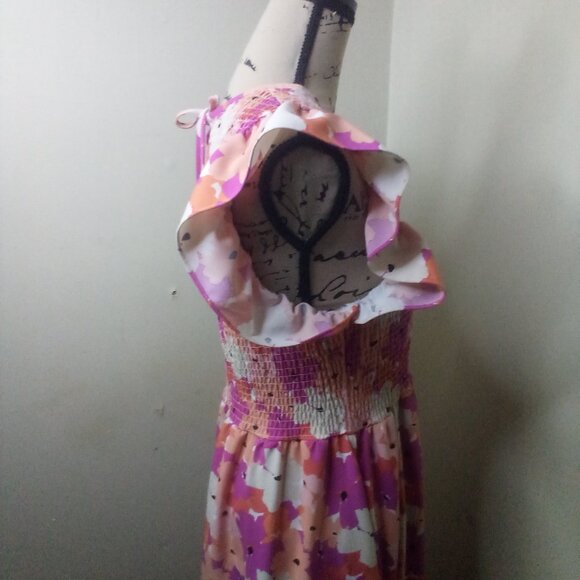 Michelle McDowell Dress Women M ? Short Ruffle Sleeve Smocked Floral Pink Orange - Picture 15 of 16